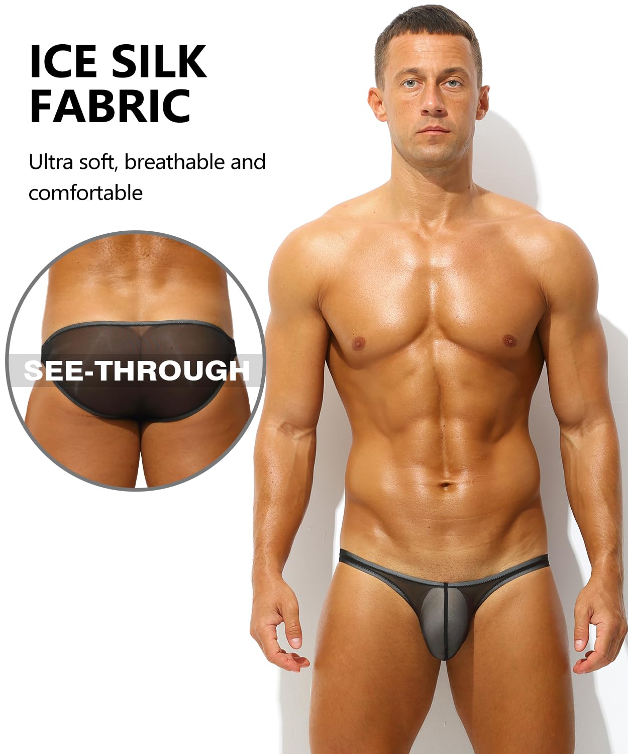 Men's Sexy Low Rise Briefs See-through Ice Silk Bikini Soft Sheer Bulge Pouch Underwear Black S