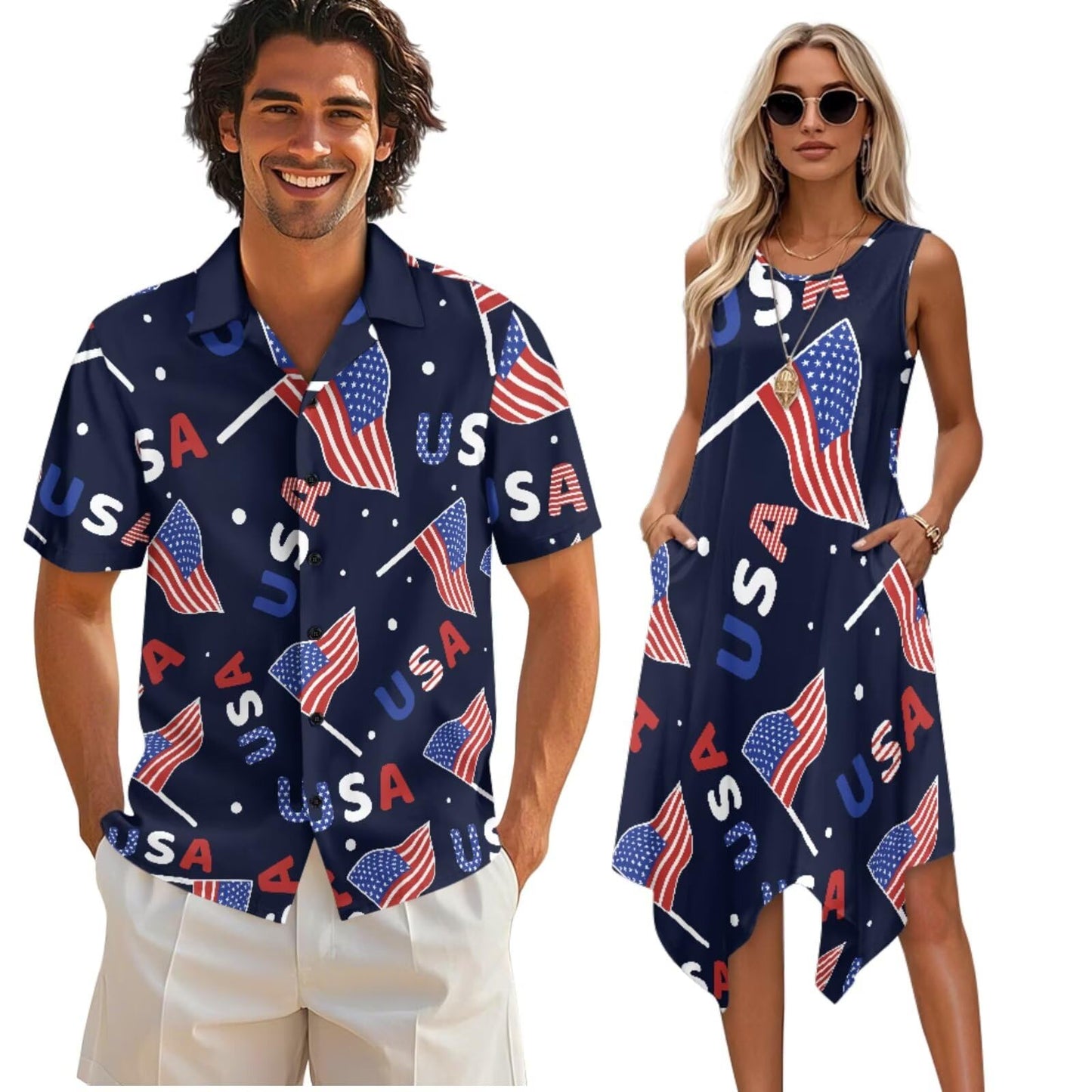TOADDITDO American Flag Flag Couple Matching Outfit Patriotic Sleeveless Dress with Pockets,Men’s Shirts Short Sleeve Buttons Shirts or Tunic Sundress for 4th of July Costume
