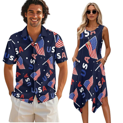 TOADDITDO American Flag Flag Couple Matching Outfit Patriotic Sleeveless Dress with Pockets,Men’s Shirts Short Sleeve Buttons Shirts or Tunic Sundress for 4th of July Costume