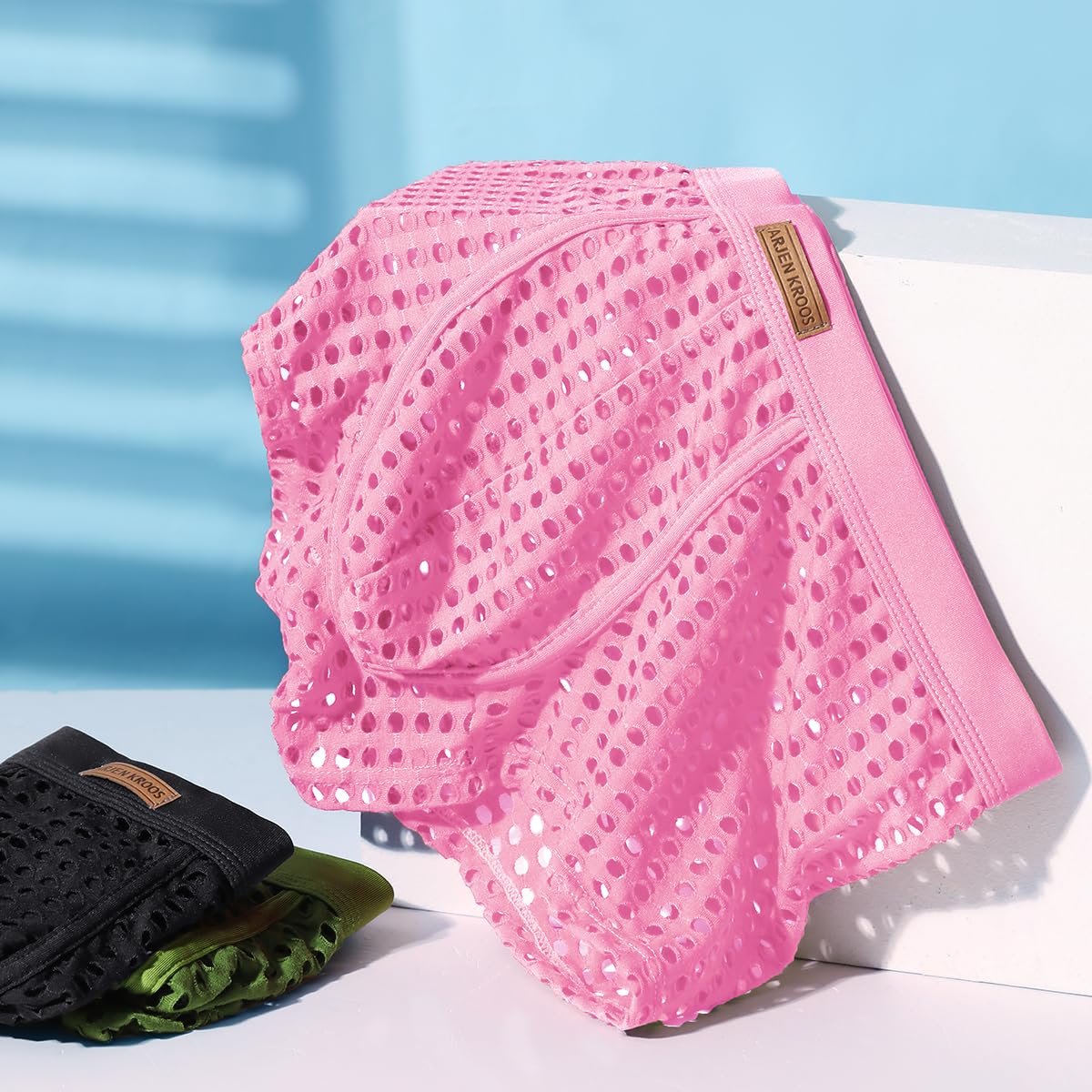 Arjen Kroos Men's Sexy Underwear Breathable Mesh Boxer Briefs Trunks,PINK-AK2060,XX-Large
