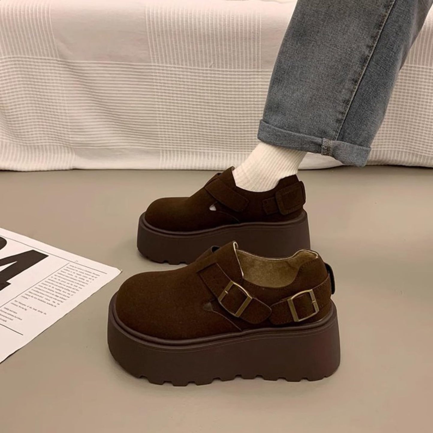 CTKVbmeoi Women's Chunky Platform Suede Clogs - Comfortable Elevated Sandals with Memory Foam for Casual Outfits & Everyday Wear (Brown,9)