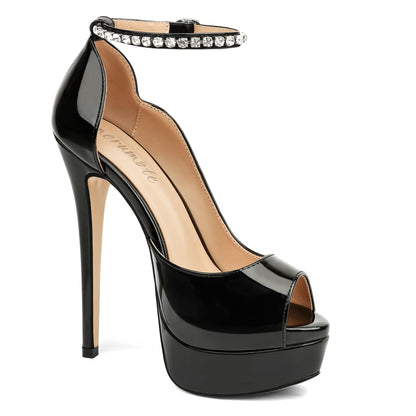 Women's Platform Stilettos Rhinestone Heels Black Pearl 6.5US