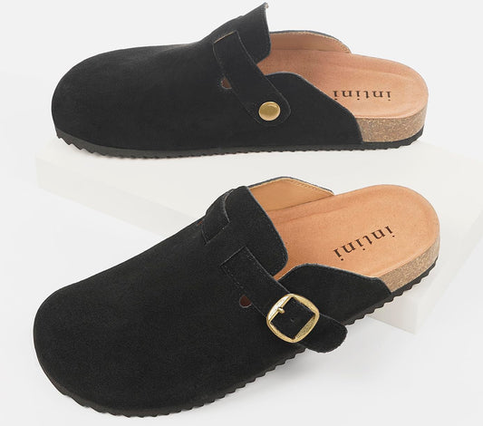 Genuine Suede Clogs for Mens Womens Leather Clogs Adjustable Buckle Cork Footbed Home Slippers Sandals Black