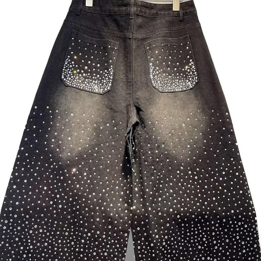 DYYLZYJ Rhinestone Jeans for Men High Waist Wide Leg Y2K Streetwear Embellished Bling Sparkly Glitter Jeans Black Medium