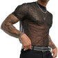 Evankin Mens Sexy Glitter Shirt Top See Through Lace Short Sleeve T-Shirt Sheer Mesh Undershirts to Show Muscle(Black, S)