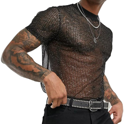 Evankin Mens Sexy Glitter Shirt Top See Through Lace Short Sleeve T-Shirt Sheer Mesh Undershirts to Show Muscle(Black, L)
