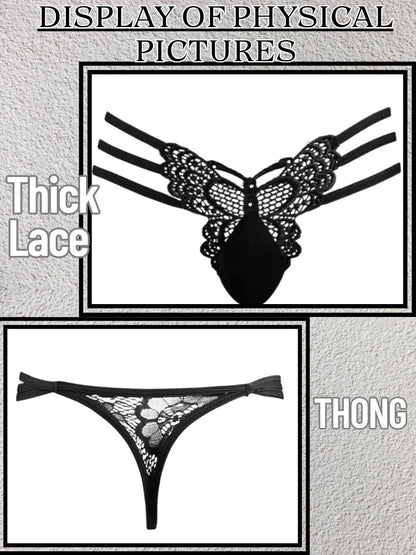 ChiaoLezhee Mens Sexy Butterfly Thong Lingerie, Sissy Floral Lace, fits 34-40 Girly String Panties, Low Rise Femboy Underwear, Black, One Size