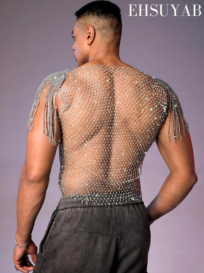 EHSUYAB Men Sexy Fringe Cap Sleeve Sparkly Rhinestone Mesh Top, See Through Fishnet Shirt Tank Tops, Concert Club Rave Outfit Silver One Size