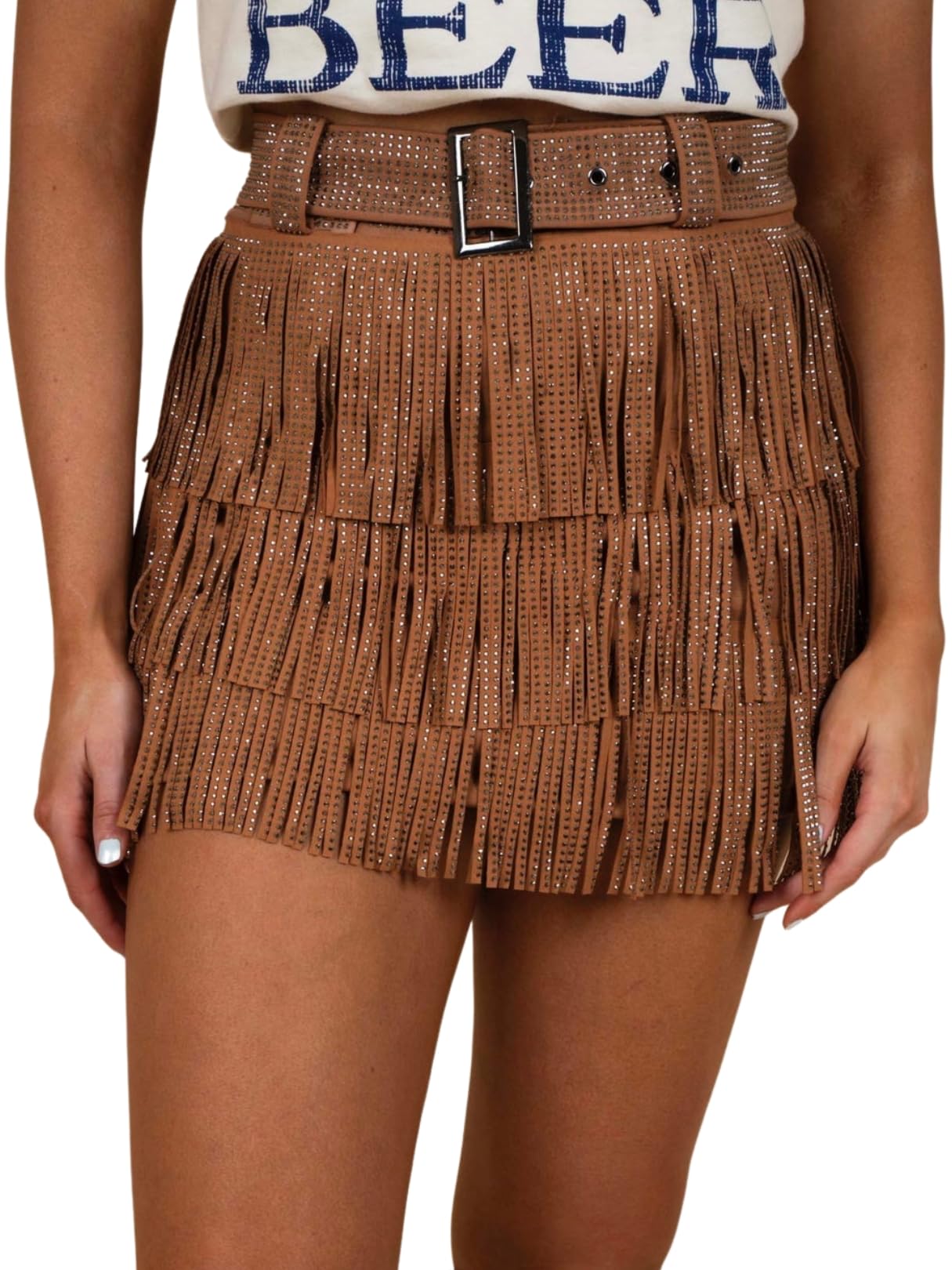 ChiyeeKiss Womens Sparkle Rhinestone Fringe Skirt Elastic Waistband Short Mini Dress with Adjustable and Removable Belt(0002-Brown-M)