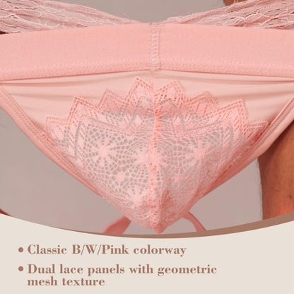 BSZN Men's Lace Jockstrap, Pink Rose Night Low Rise Sheer Lace Pouch Underwear, Mid High Cut Slim Fit Breathable Jock Strap for Men