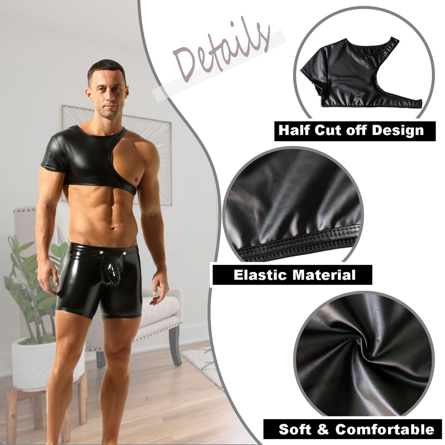 Mens Leather Crop Tops Sexy Sleeveless Muscle Half Tank Tops for Nightclub Party