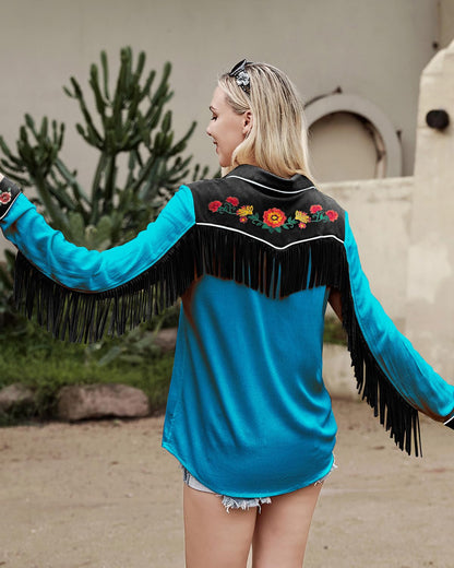 JOHN MOON Women's Fringe Western Long Sleeve Shirts with Floral Embroidered Cowgirl Button Down Shacket Blouse Country Rodeo Outfits Turquoise