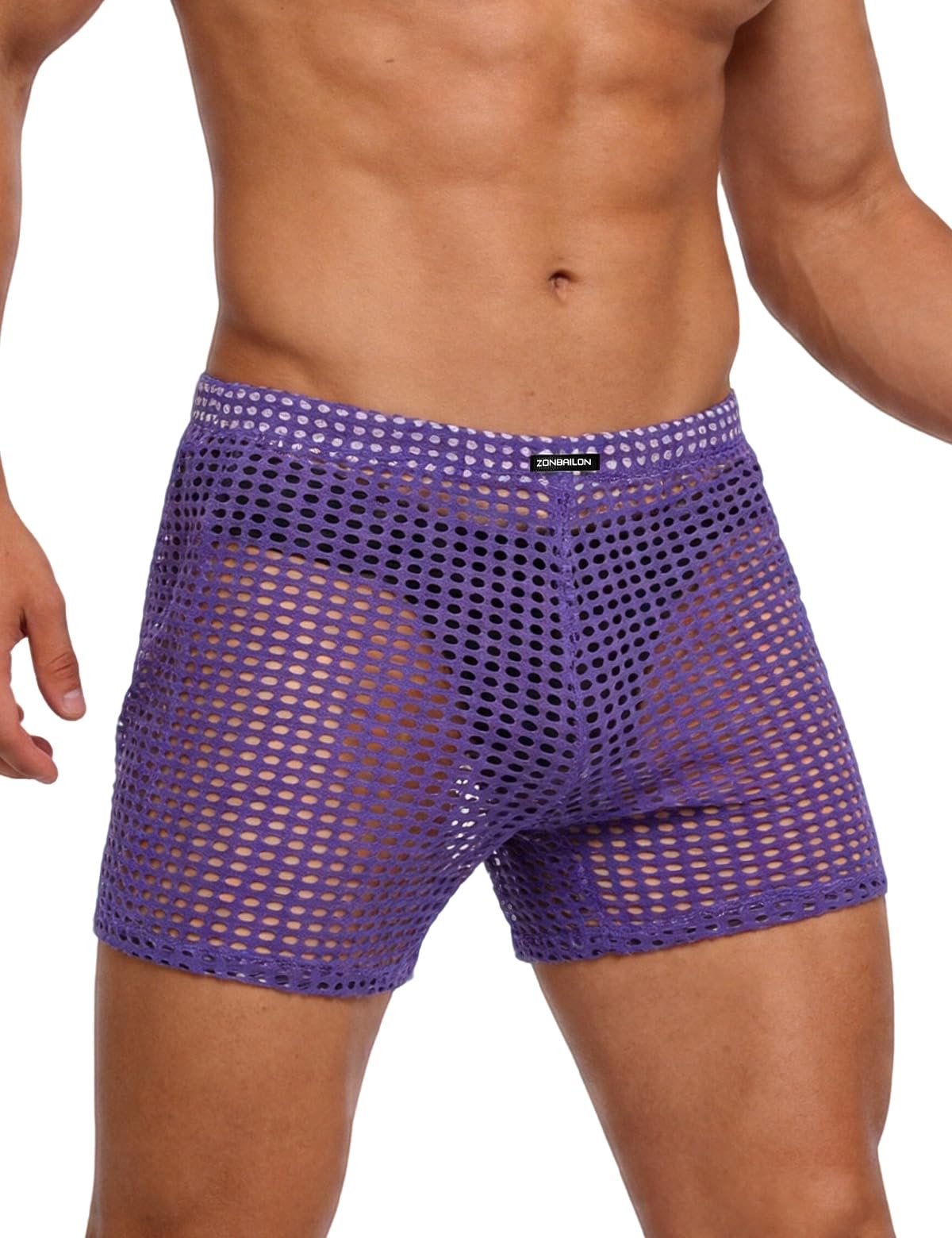 Mens See Through Shorts Fishnet Sexy Mesh Boxer Shorts Hollow Lounge Loose Underwear Purple M
