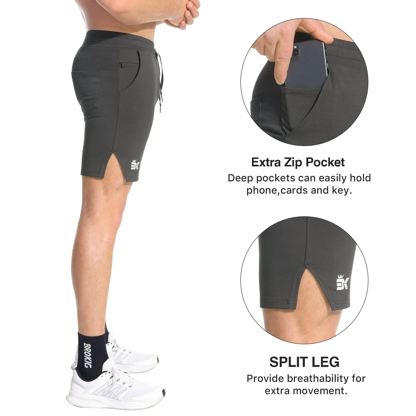 BROKIG Men's Airstretch Gym Shorts,5 Inch Slim Fit Running Exercise Athletic Workout Shorts for Men with Zipper Pockets(Oliver Grey,Medium)