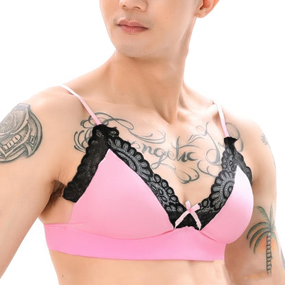 Men's Sissy Lingerie Lace Underwear Floral Bra Bowknot Strappy Bra Top Crossdressing Nightwear (Dark Pink-bra, Medium)