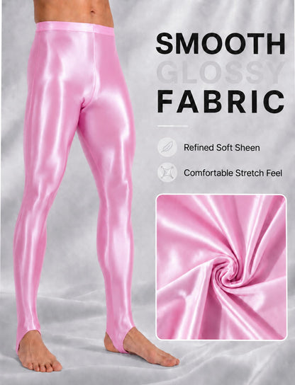 Men's Sheer See Through Oil Shiny Glossy Satin Tights Skinny Transparent Pantyhose Footed Leggings Pink M