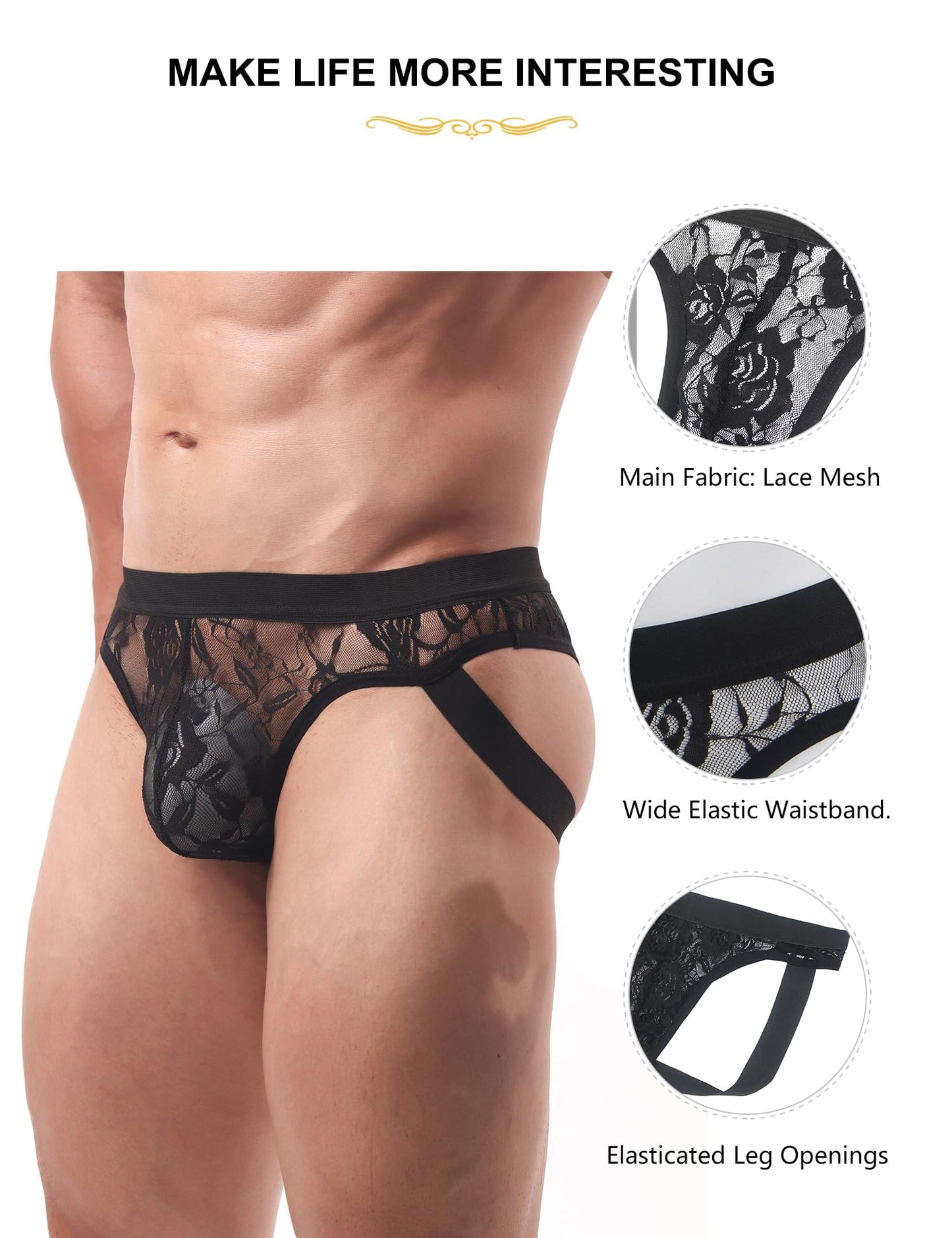 comeondear Mens Black Lace Jockstrap Sexy Underwear with 3D Pouch Elastic Thong G Strings Sheer Jock Straps for Men See Through Panties