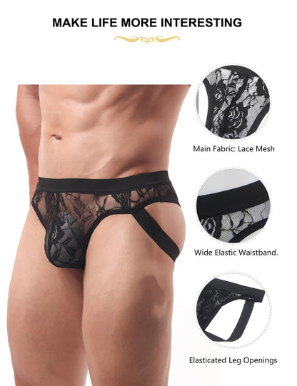 comeondear Mens Black Lace Jockstrap Sexy Underwear with 3D Pouch Elastic Thong G Strings Sheer Jock Straps for Men See Through Panties