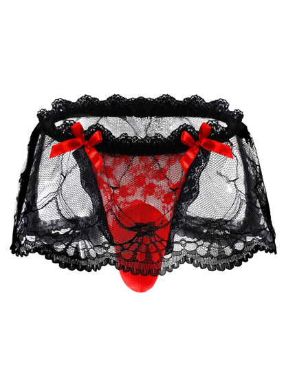 ChiaoLezhee Mens Lace Sexy Underwear, Sissy Pouch Panties Femboy For Men, Low Rise Bow Lingerie Fits 32-42, Sheer Girly, Red, One Size