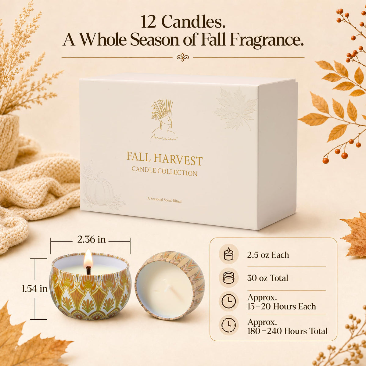 Fall Scented Candles Gift Set, 12 Pack Soy Candles for Home, 2.5 oz Each