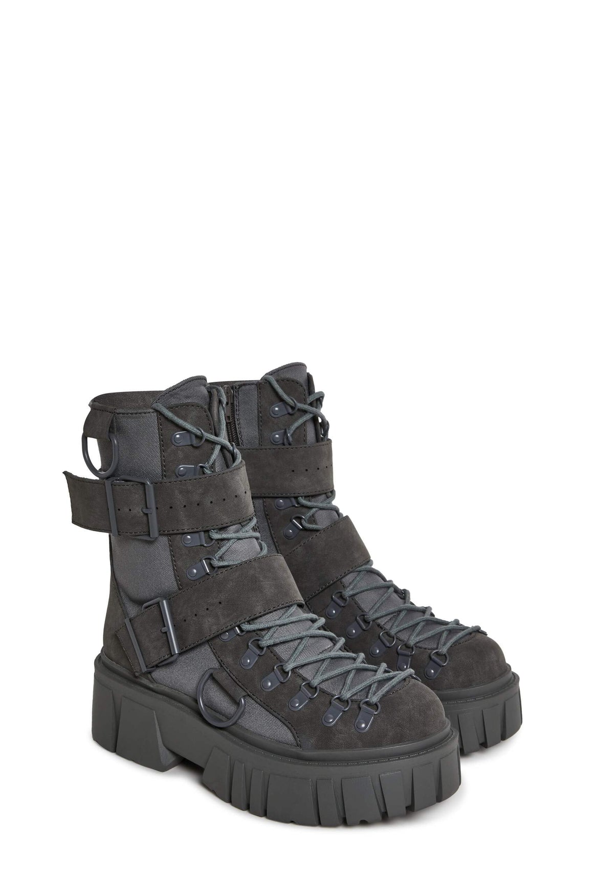 Dolls Kill Low Traitor Boots by Club Exx – Chunky Vegan Leather Boots with Buckles, D-Rings & Side Zipper, Dark Gray, 9