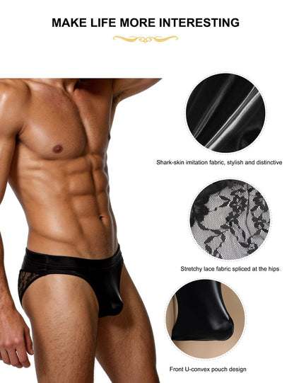 sunshinelady Men's Briefs Underwear, Lace G-String, Faux Leather Sissy Panties, Glossy Stretch Jockstrap with Pouch, S-XL