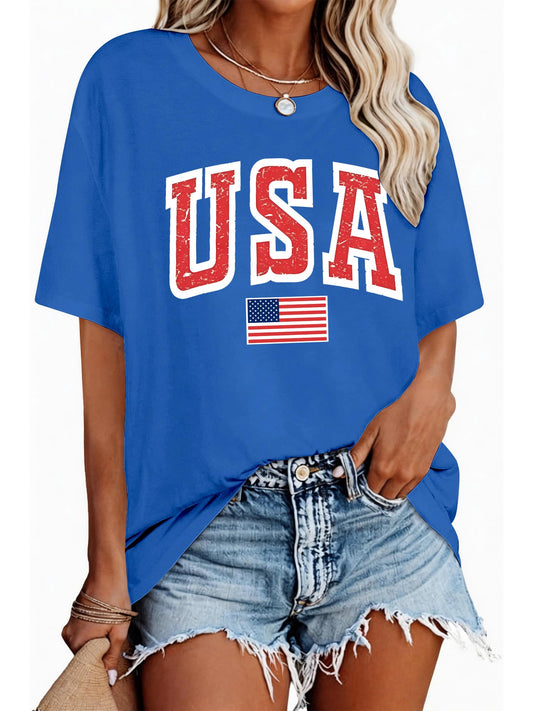 4th of July Outfits for Women Oversized USA Patriotic Shirts for Women Short Sleeve Red White and Blue Shirts American Flag Summer Tops