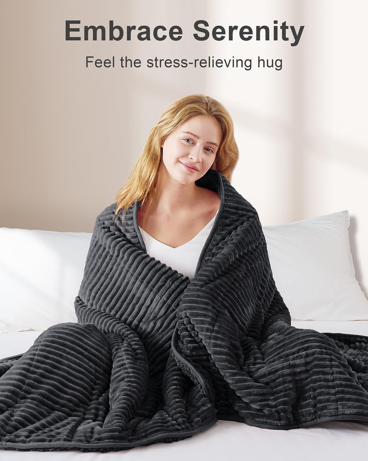 Sherpa Fleece Adult Weighted Blanket with Ribbed Stripes, 15 Pounds Dual Sided Soft Plush Blanket for Couch Bed Sofa, Heavy Thick Blankets with Ceramic Beads Great for Sleep, Dark Grey, 48" x 72"