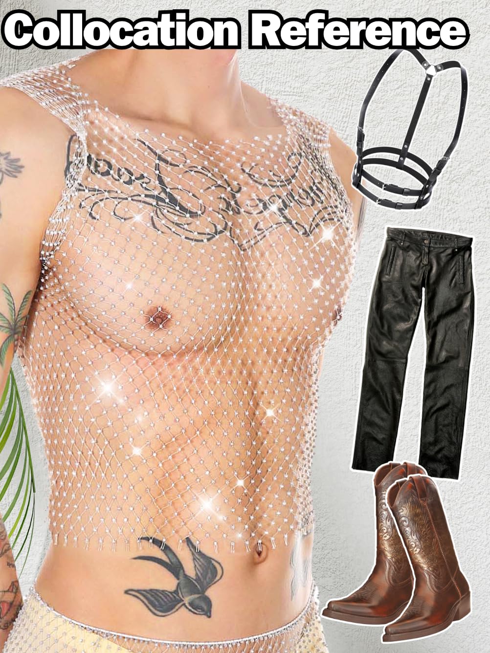 Kaei&Shi Rhinestone Mens Tank Tops Sheer Mesh See Through Fishnet Sparkly Rave Outfit Festival Crop Men Shirt Sexy Club Party,White,Small