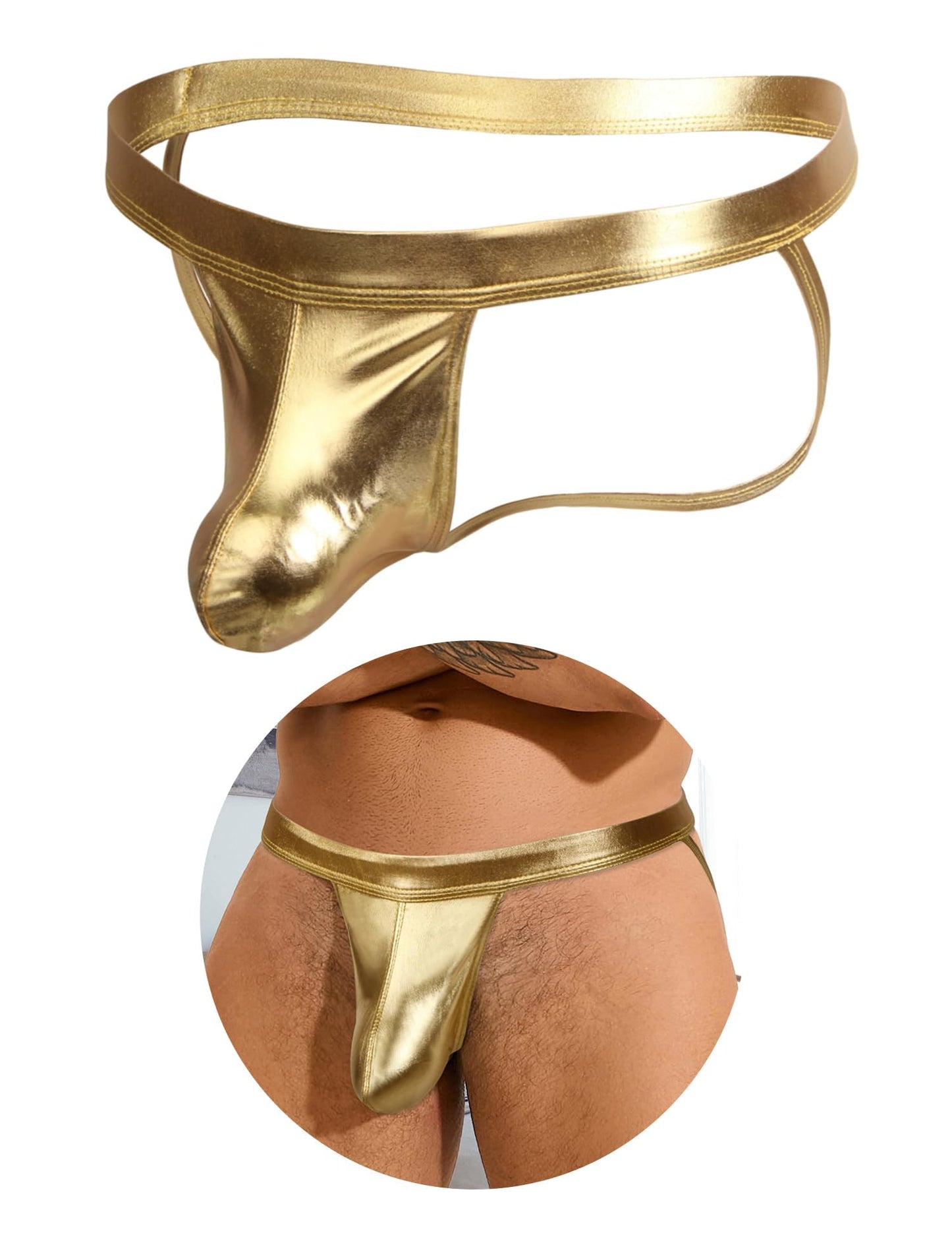 Mens Thong -Sexy Jockstrap Underwear with Bulge Pouch Low Rise Briefs - Metallic Lingerie for Men Golden