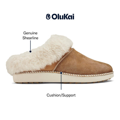 OLUKAI Ku'i Women's Slipper, Soft Full-Grain Leather & Wool Blend Footbed, Wet Grip Soles for Inside & Outside Wear, Cute & Comfortable Slip-On, Tan/Bone, 8