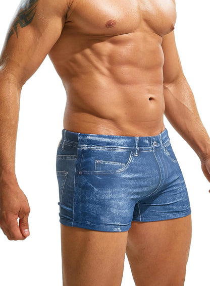 MIZOK Mens Denim Prints Swim Trunk Quick Dry Boxer Swimwear Square Leg Swimsuit Blue XL