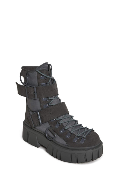 Dolls Kill Low Traitor Boots by Club Exx – Chunky Vegan Leather Boots with Buckles, D-Rings & Side Zipper, Dark Gray, 9