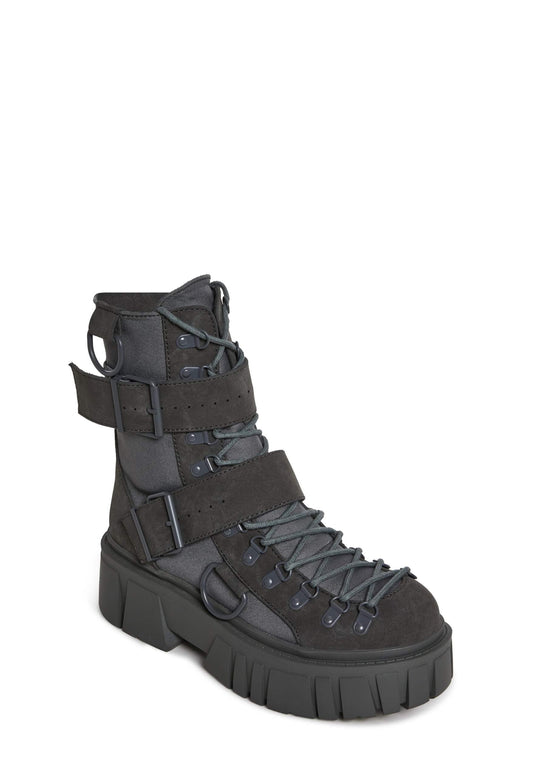 Dolls Kill Low Traitor Boots by Club Exx – Chunky Vegan Leather Boots with Buckles, D-Rings & Side Zipper, Dark Gray, 9