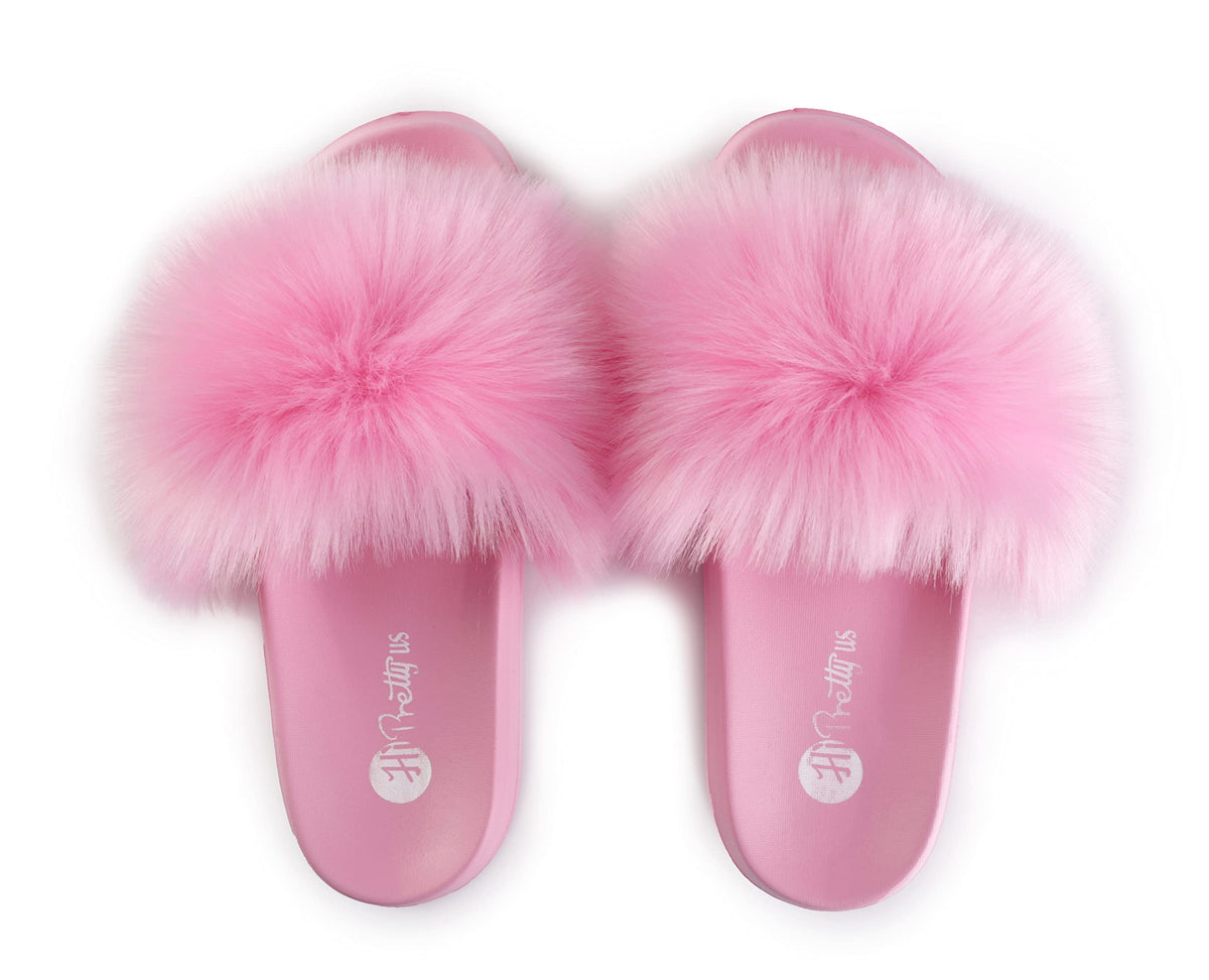 Sissy Faux Fur Slides, Open Toe Cute Pink Fuzzy Slippers, Comfortable Furry Fluffy Slide Sandals