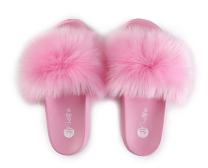 Sissy Faux Fur Slides, Open Toe Cute Pink Fuzzy Slippers, Comfortable Furry Fluffy Slide Sandals