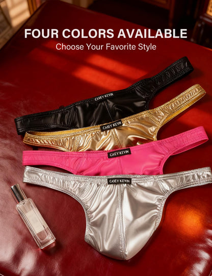 Mens Leather Thong Sexy Shiny Metallic Underwear Low Rise G-string Bikini Swimsuit Sparkly T Back,Pink,Large