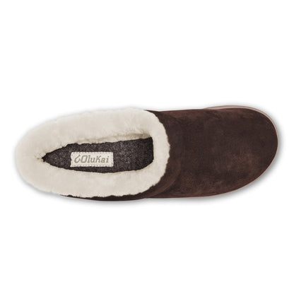 OLUKAI Mani Women's Leather Mule Slippers, Soft & Comfortable Slippers with Fleece Lining, Thick Rubber Outsole, All-Day Wear, Dark Oak/Golden Sand, 8