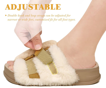 KuaiLu Womens Fuzzy Platform Open Toe Slipper with Arch Support Fluffy Furry Slides Orthotic Faux Rabbit Fur Sandal Indoor Outdoor Beige Size 9