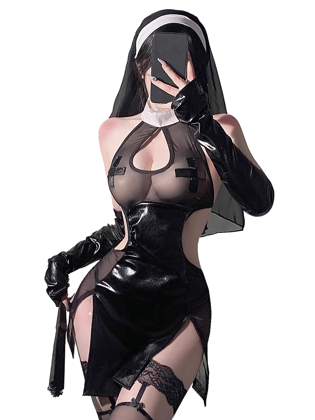 Sexy Nun Costume for Women - Gothic Anime Lingerie Cosplay Outfit with High Slit Headpiece, Halloween Maid Dress for Roleplay (Black, One Size)