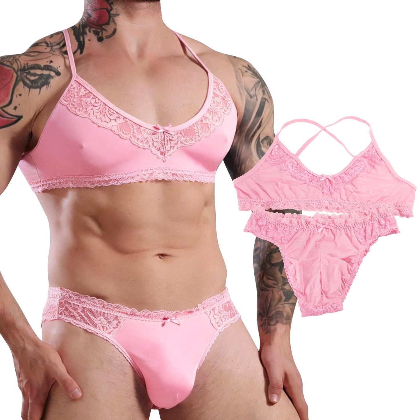 Amorgours Men’s Sissy Lingerie Set Lace Sissy Bra and Thong Underwear Floral Crossdressing Nightwear Gay Brief -Pink-L