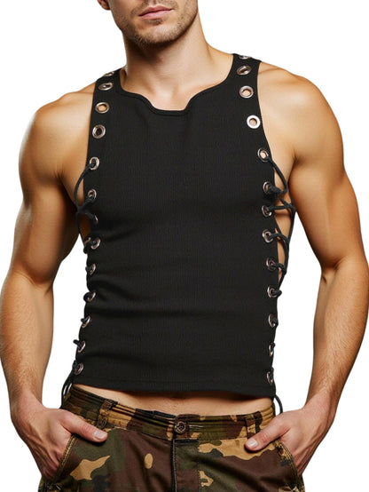 GORGLITTER Men's Grommet Cropped T Shirt Y2K Going Out Lace Up Crew Neck Sleeveless Shirts Party Club Tank Tops Black Large