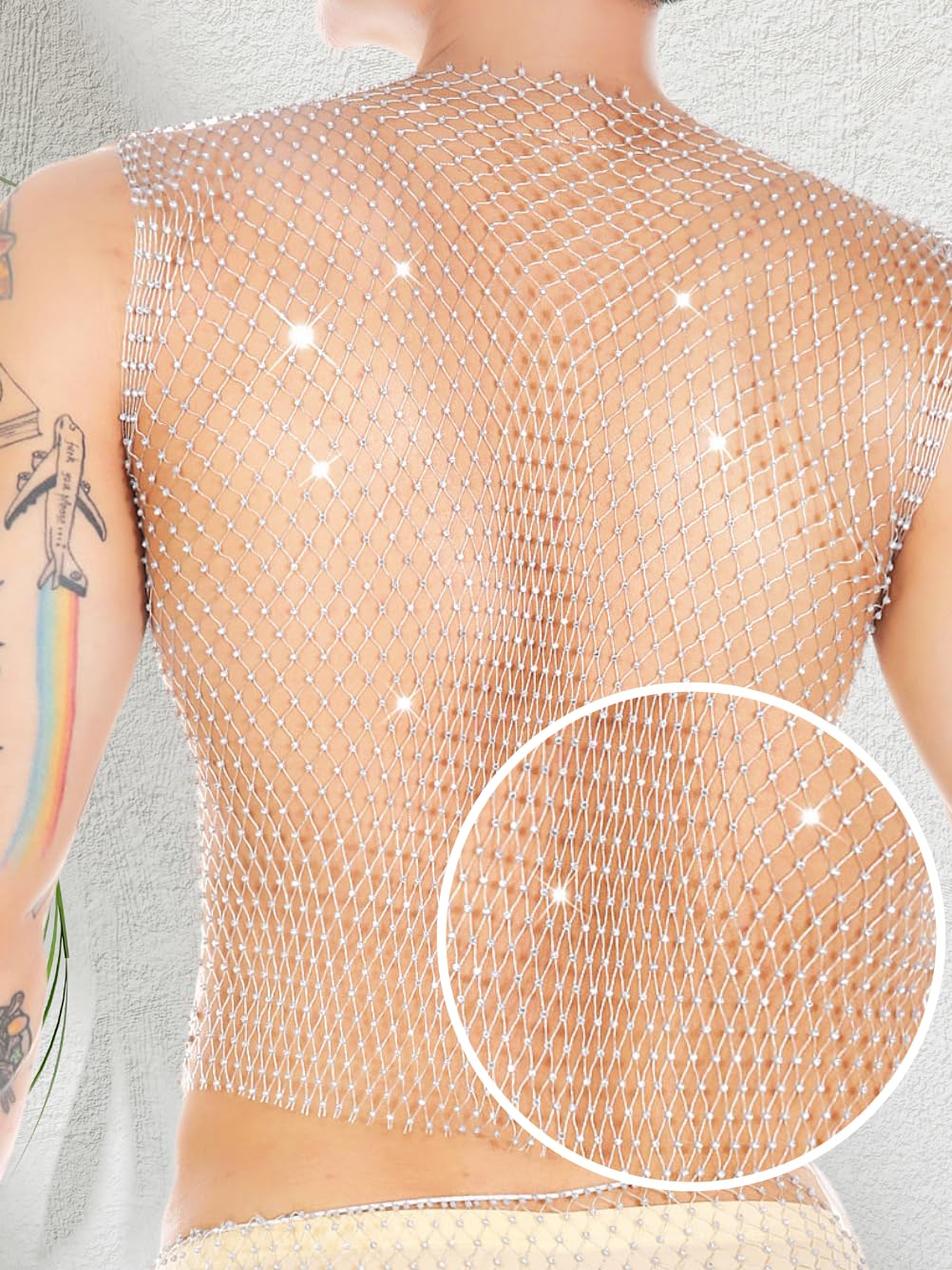 Kaei&Shi Rhinestone Mens Tank Tops Sheer Mesh See Through Fishnet Sparkly Rave Outfit Festival Crop Men Shirt Sexy Club Party,White,Small