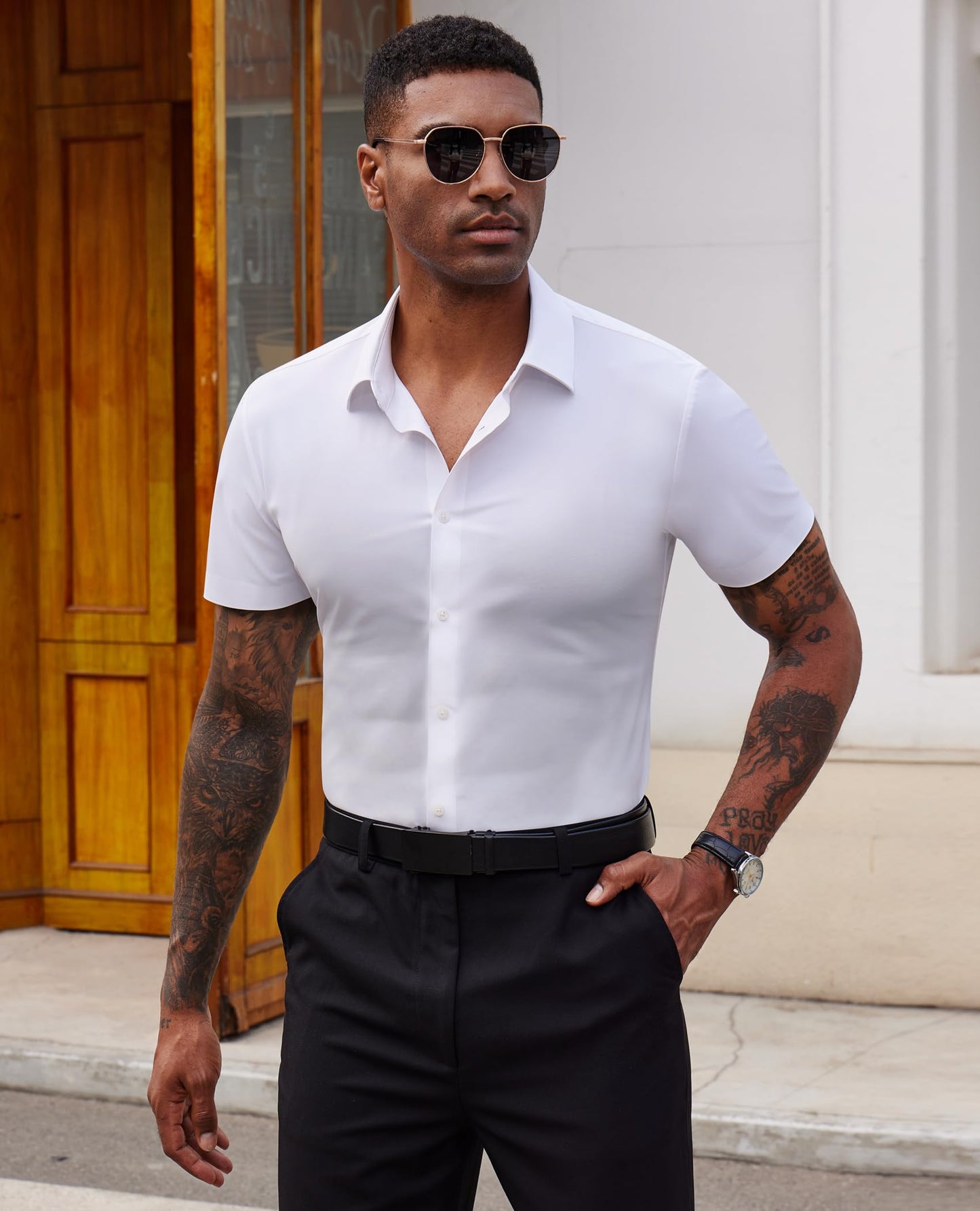Lion Nardo Stretch Dress Shirts for Men Short Sleeve Slim Fit Casual Button Down Shirts Muscle Fit Men's Dress Shirts