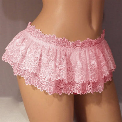 Sissy Lace Panties Men's Ruffled Panties Thongs Mini Skirt Thongs Gay Lingerie (Color : Pink, Size : 1pc) One Size