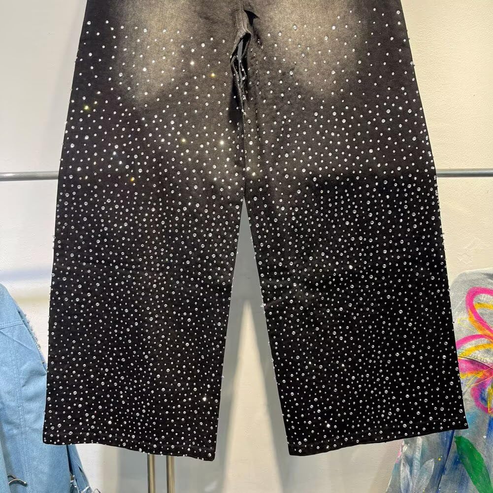 DYYLZYJ Rhinestone Jeans for Men High Waist Wide Leg Y2K Streetwear Embellished Bling Sparkly Glitter Jeans Black Medium
