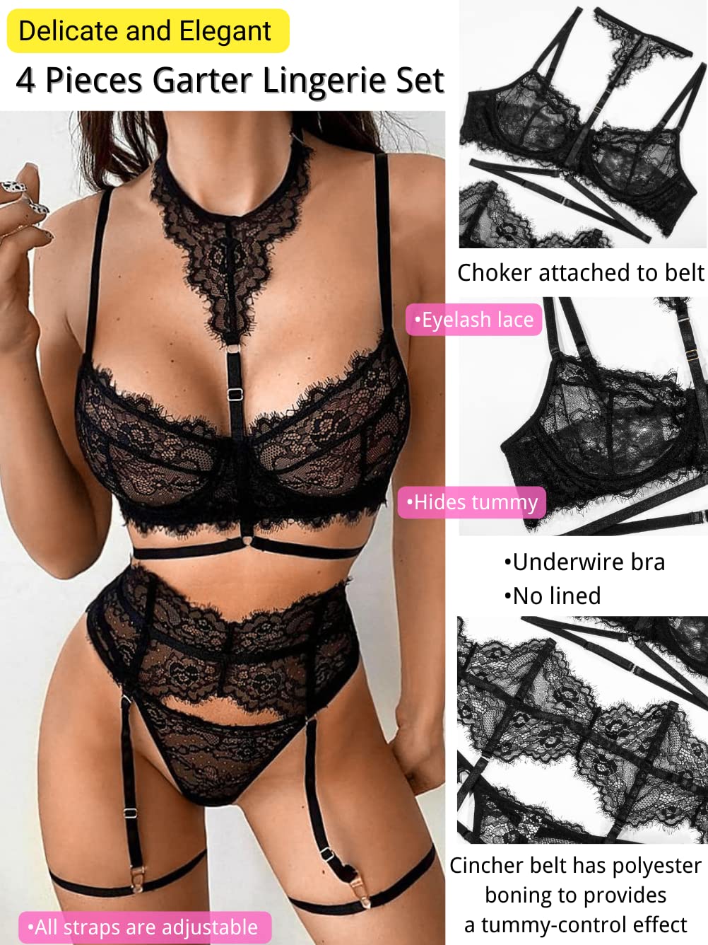 Garter Lingerie Set For Women, Sexy Floral Lace, Strappy High Waisted Hide Belly, 4 Piece With Exotic Choker Belt,Black,Small
