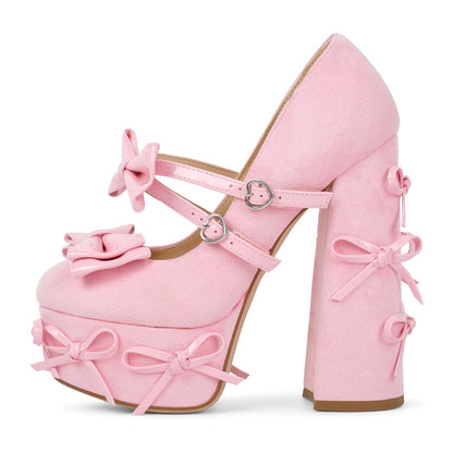 Crossdresser- Sissy - Platform Block Heel Pumps Bowknots Studded Mary Jane Shoes with Heart Buckle Straps Round Toe Cute Lolita Chunky High Heels Faux Suede Dress Pump for Party Cosplay Pink Size 12