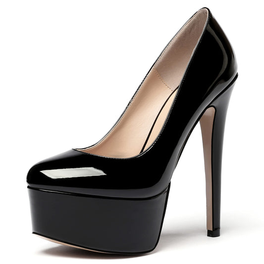 MODENCOCO Women's Black Patent Stiletto Slip On Round Toe 6 Inch High Heel Pumps Night Club Dress Shoes Size 8 - Zapatos de Tacon para Niñas