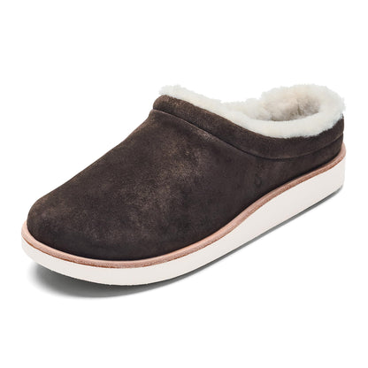 OLUKAI Mani Women's Leather Mule Slippers, Soft & Comfortable Slippers with Fleece Lining, Thick Rubber Outsole, All-Day Wear, Dark Oak/Golden Sand, 8